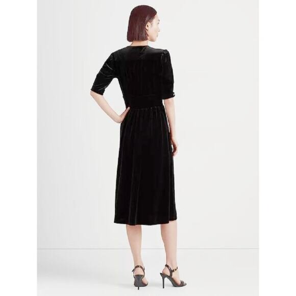 LAUREN Ralph Lauren Black Velvet V-Neck Puff Sleeve A-Line Midi Dress Size 2X - Picture 14 of 14